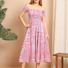 Aawari Off-Shoulder Smocked Rayon Dresses - Pink & Blue Geometric Print / Maxi Dresses / Western Wear