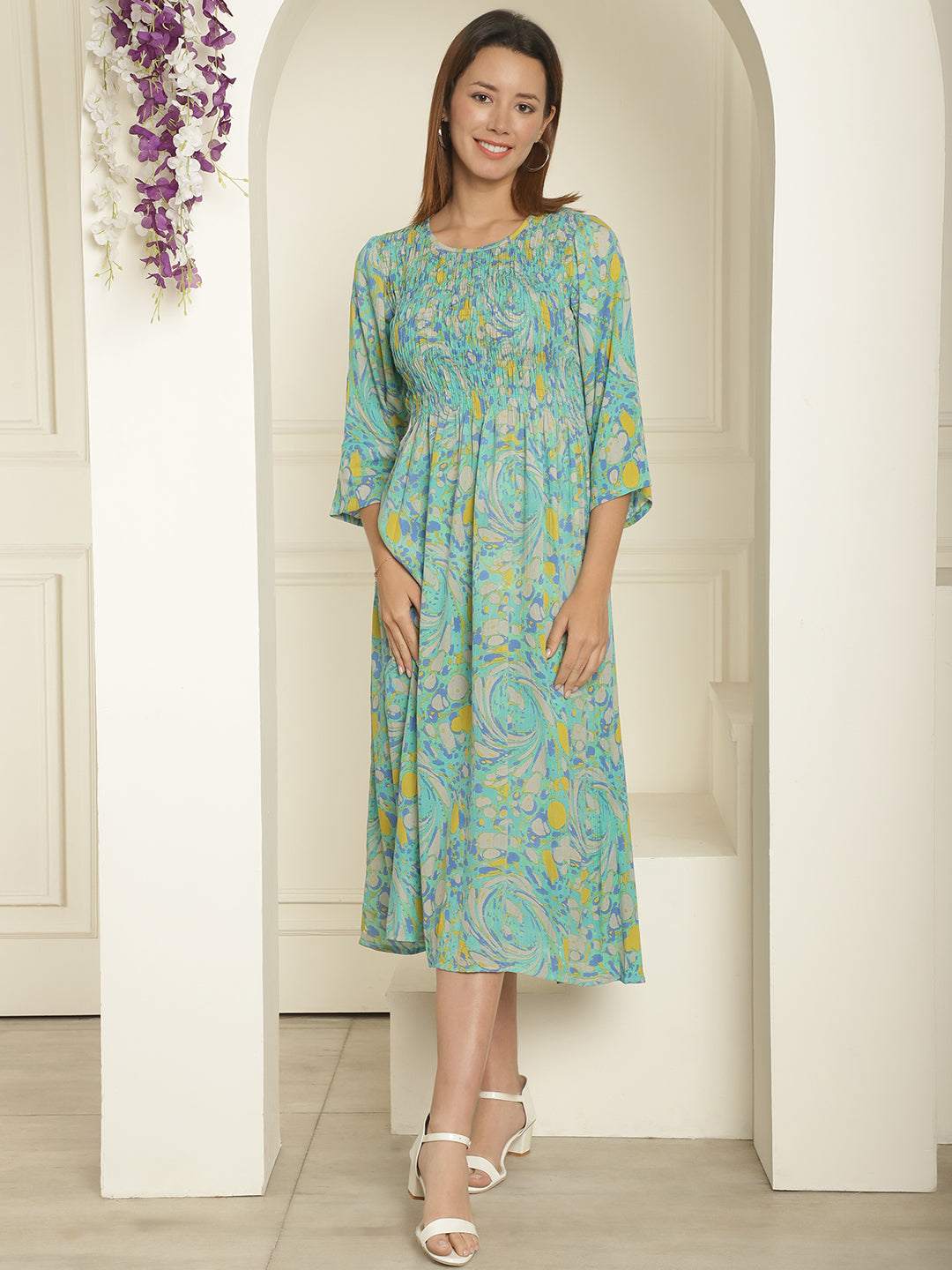 Aawari Abstract Printed Round Neck Smocked A-Line Midi Dress