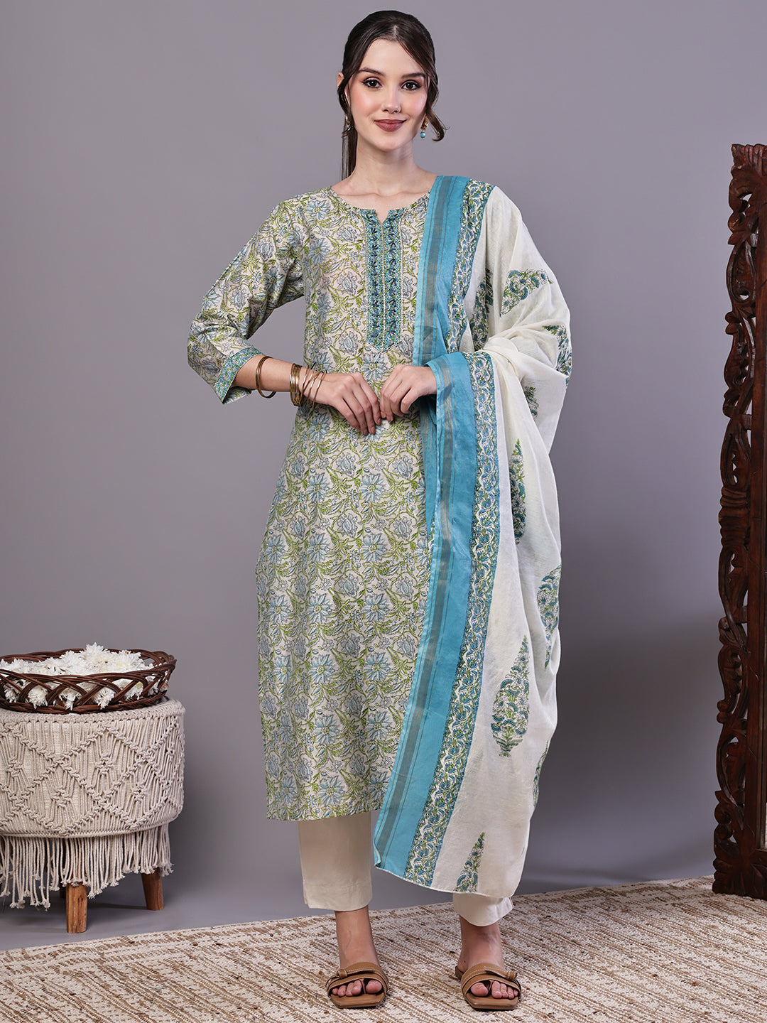 Aawari Green & Blue Floral Chanderi Printed Kurta Set with Dupatta - Suit Sets