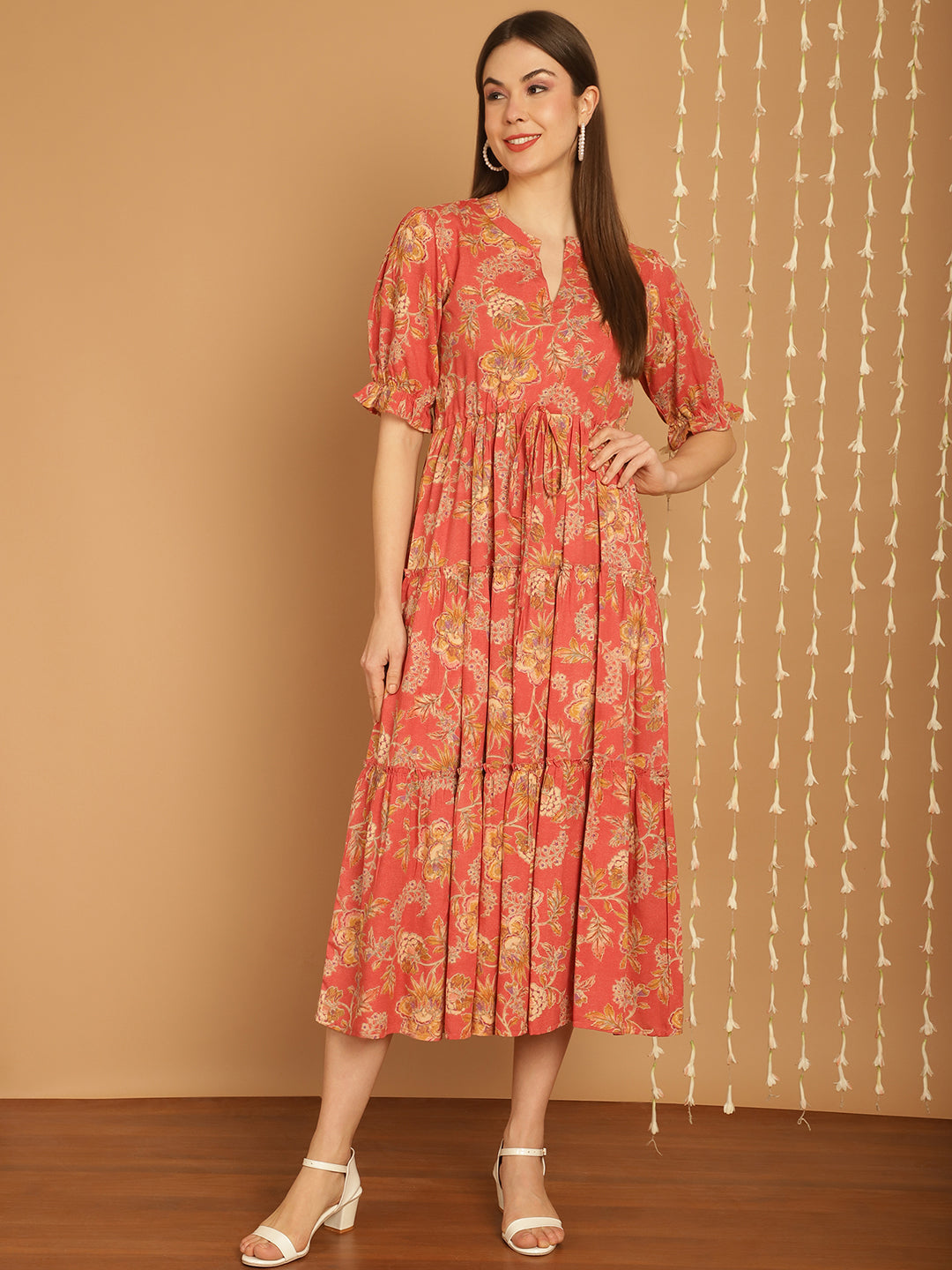 Aawari Floral Print Mandarin Collar Empire A-Line Tiered Midi Dress
