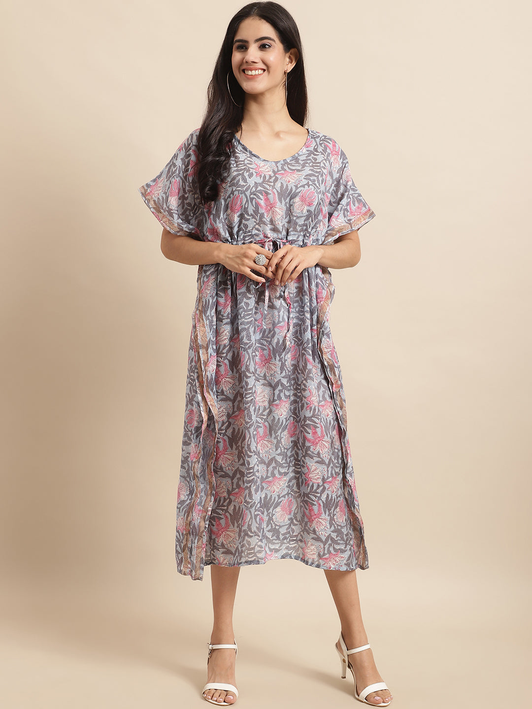 Aawari Grey & Pink Floral Printed Chanderi Kaftaan Dress