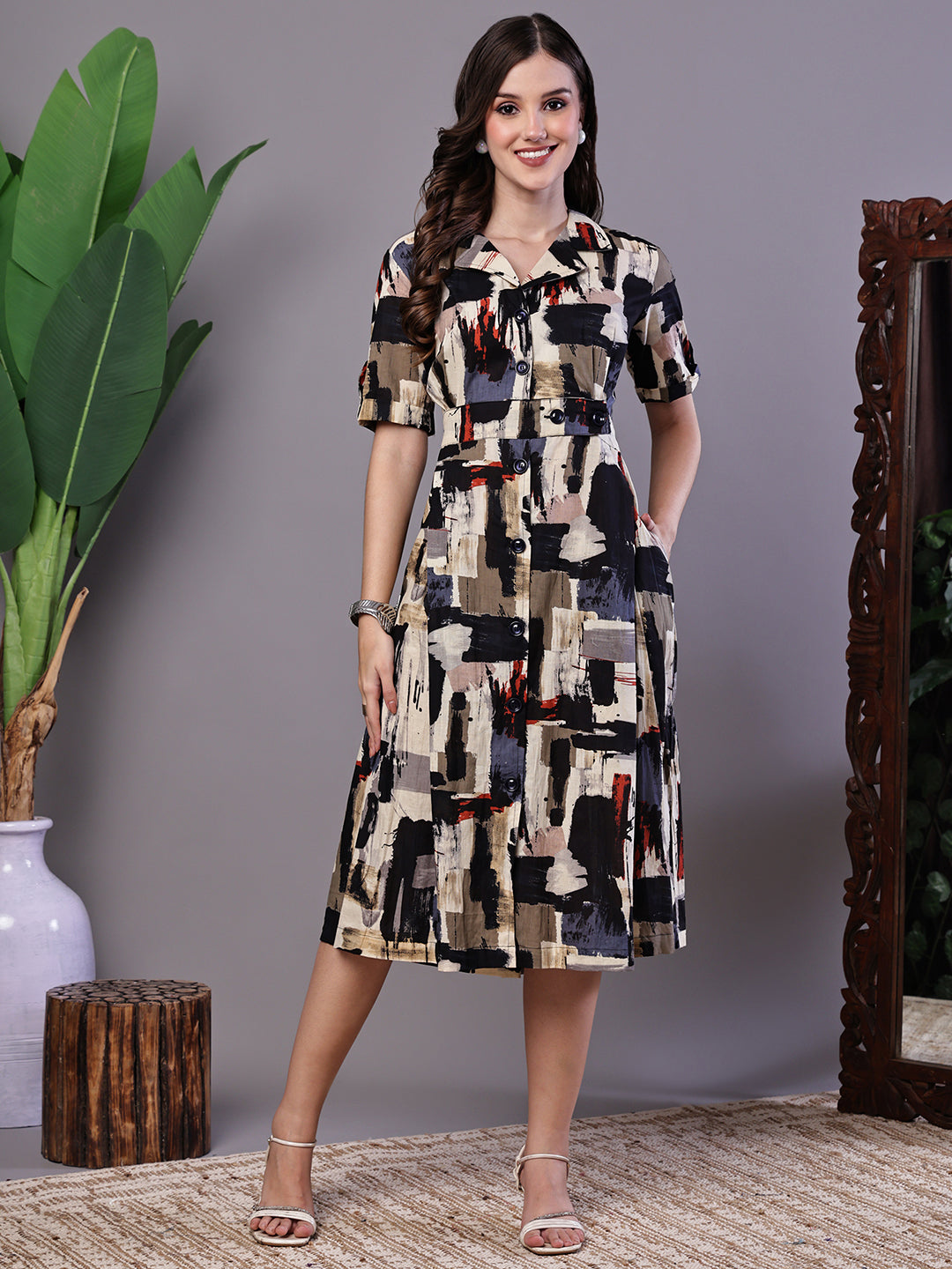 Aawari Beige & Black  Abstract Print Cotton Shirt Dress - Midi Dresses  / Western Wear / Dresses