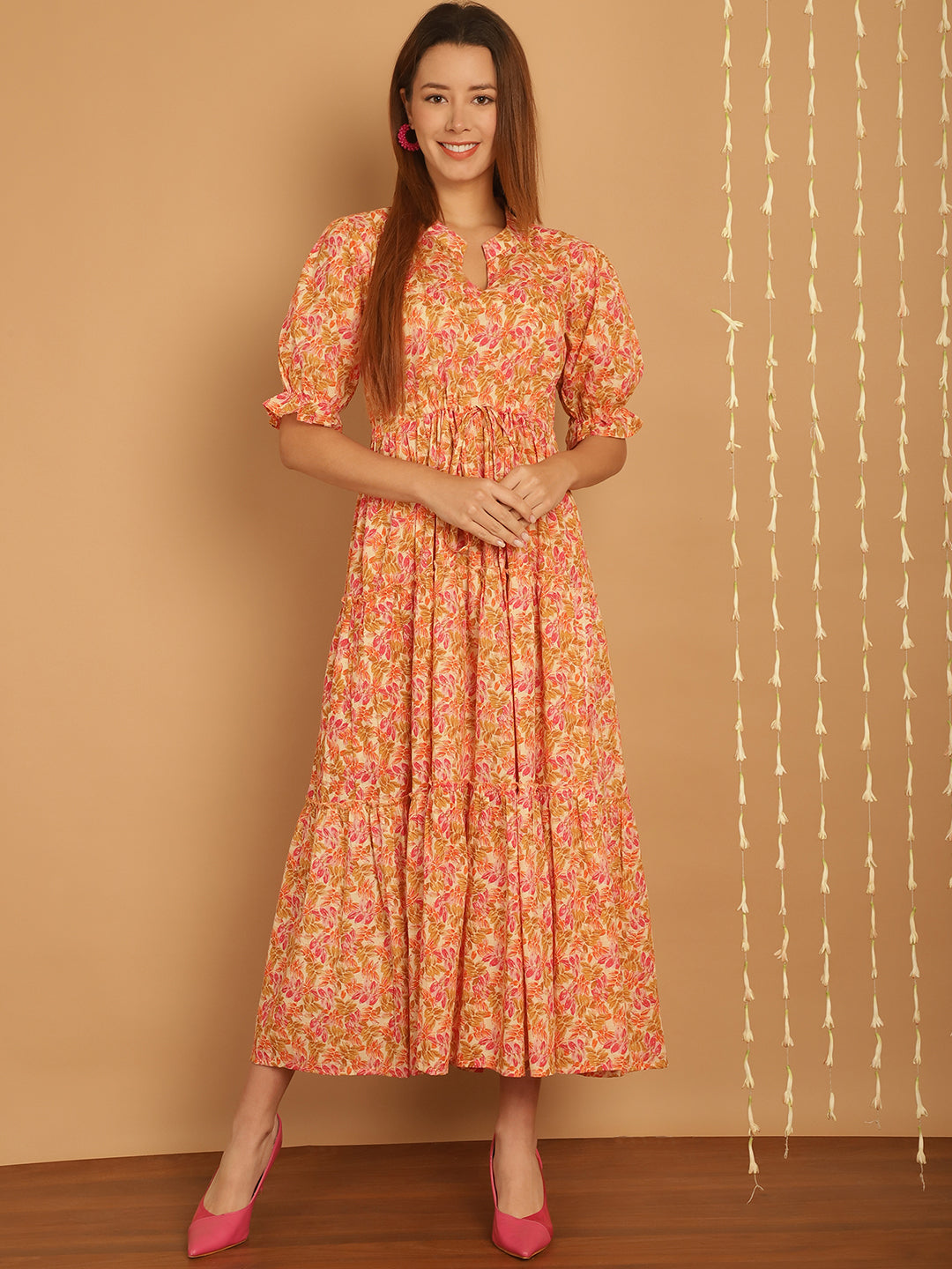 Aawari Floral Print Mandarin Collar Empire A-Line Tiered Midi Dress