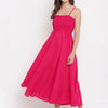 Hot Pink Solid Smocked Flared Rayon Maxi Dress for Women -  Western Wear