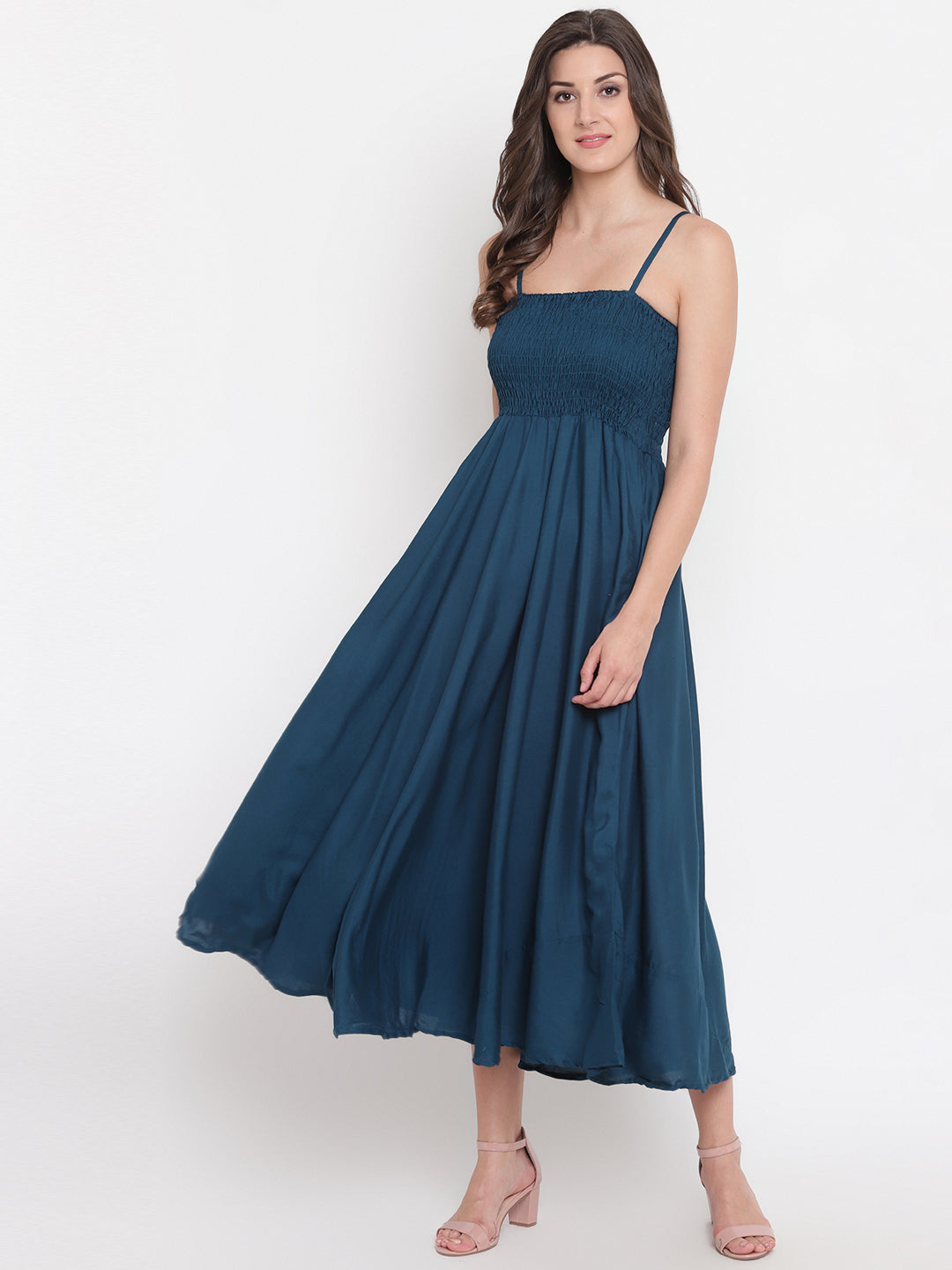 Aawari Fit & Flare Solid Bobbin Dress ( CERULEAN ) - Western wear