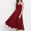Wine Red Solid Rayon Flared Maxi Dress with Smocked Bodice & Spaghetti Straps - Western Wear