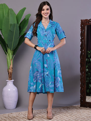 Aawari Blue Leaf Print Cotton Shirt Midi Dress - Dresses / Midi Dresses / Western Wear