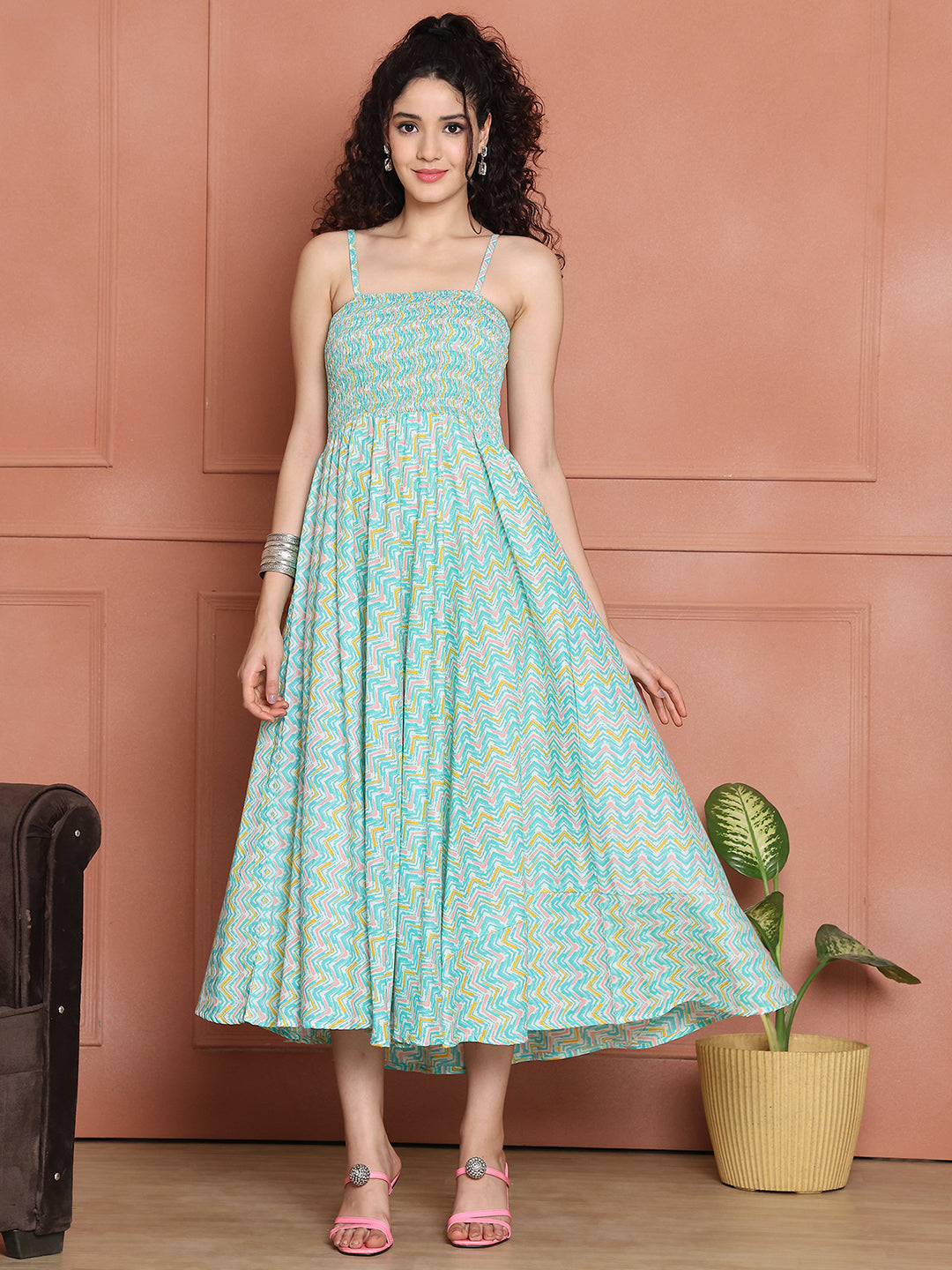 Aawari Cotton Unique Printed Spaghetti Strap Dress - Western wear