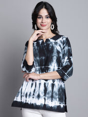 Aawari Black Tie & Dye Cotton Notched Round Neck A-Line Top