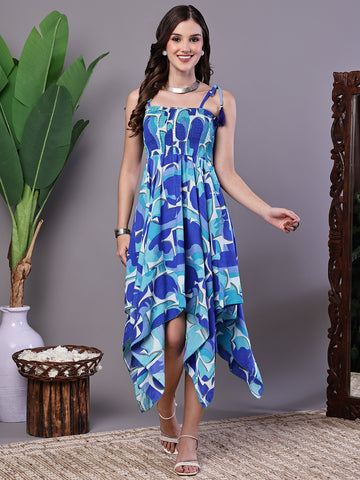 Aawari Blue Printed Cotton Handkerchief Hem Dress - Midi Dresses / Western Wear