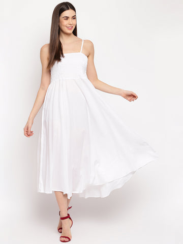 Aawari Fit & Flare Solid Bobbin Dress ( WHITE ) - Western Wear
