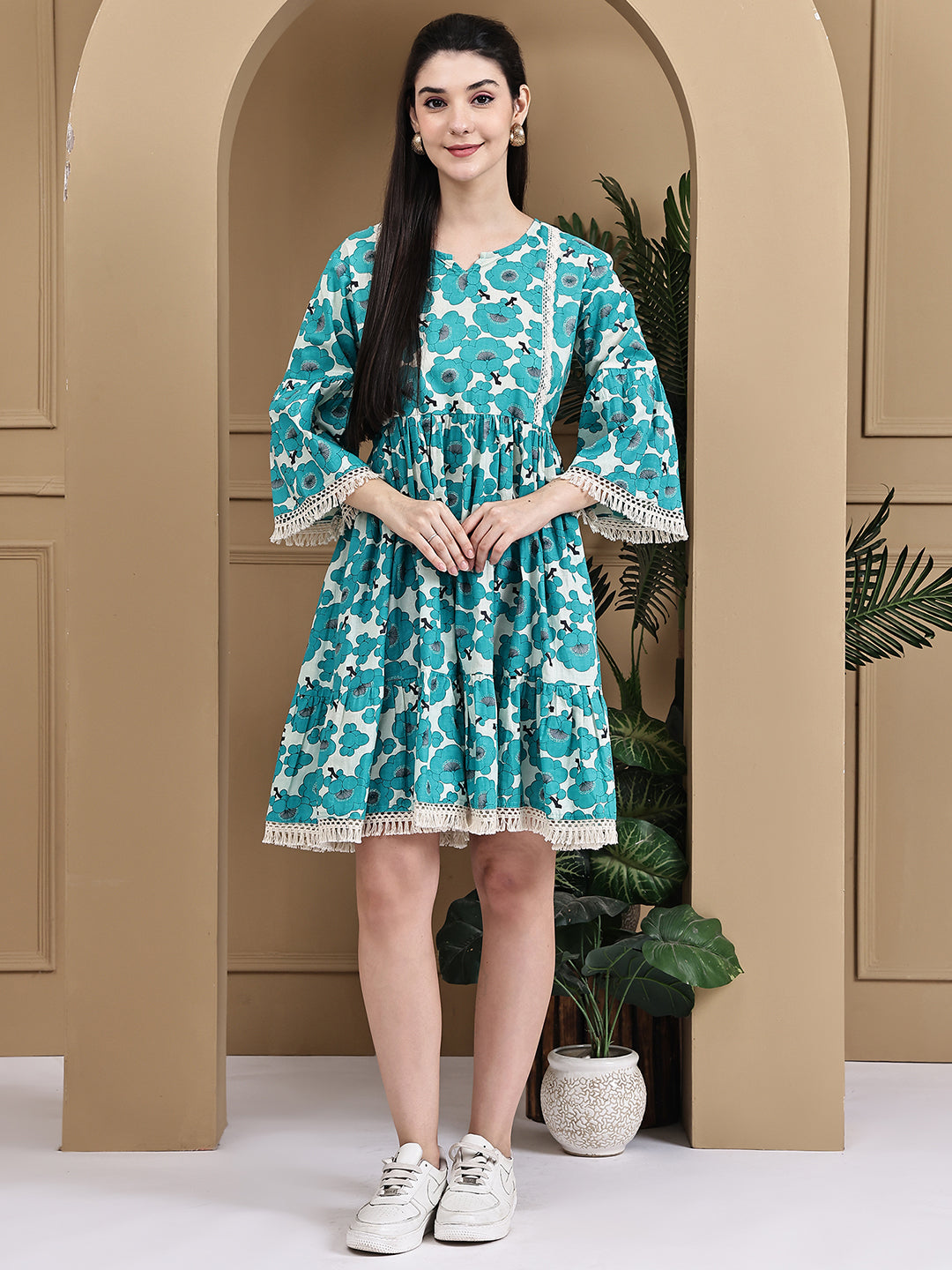 Aawari Cotton Printed Long Sleeve Dress - Midi Dress