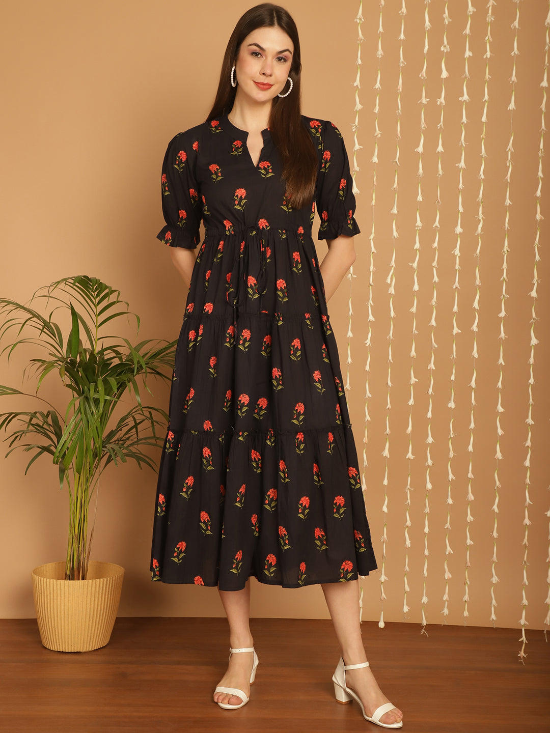 Aawari Floral Print Mandarin Collar Empire A-Line Tiered Midi Dress