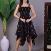 Aawari Navy Printed Smocked Asymmetrical Hem A-Line Dress - Midi Dresses / Western Wear
