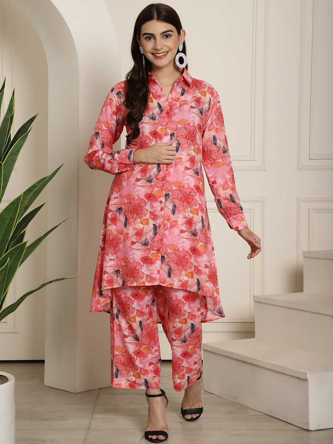 Aawari Women Cotton Multicolor Printed Shirt Collar Tunic With Trouser