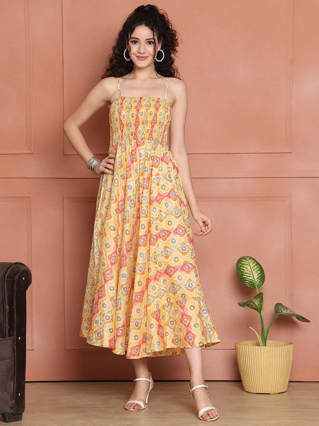 Aawari Silk Unique Printed Spaghetti Strap Dress - Western wear