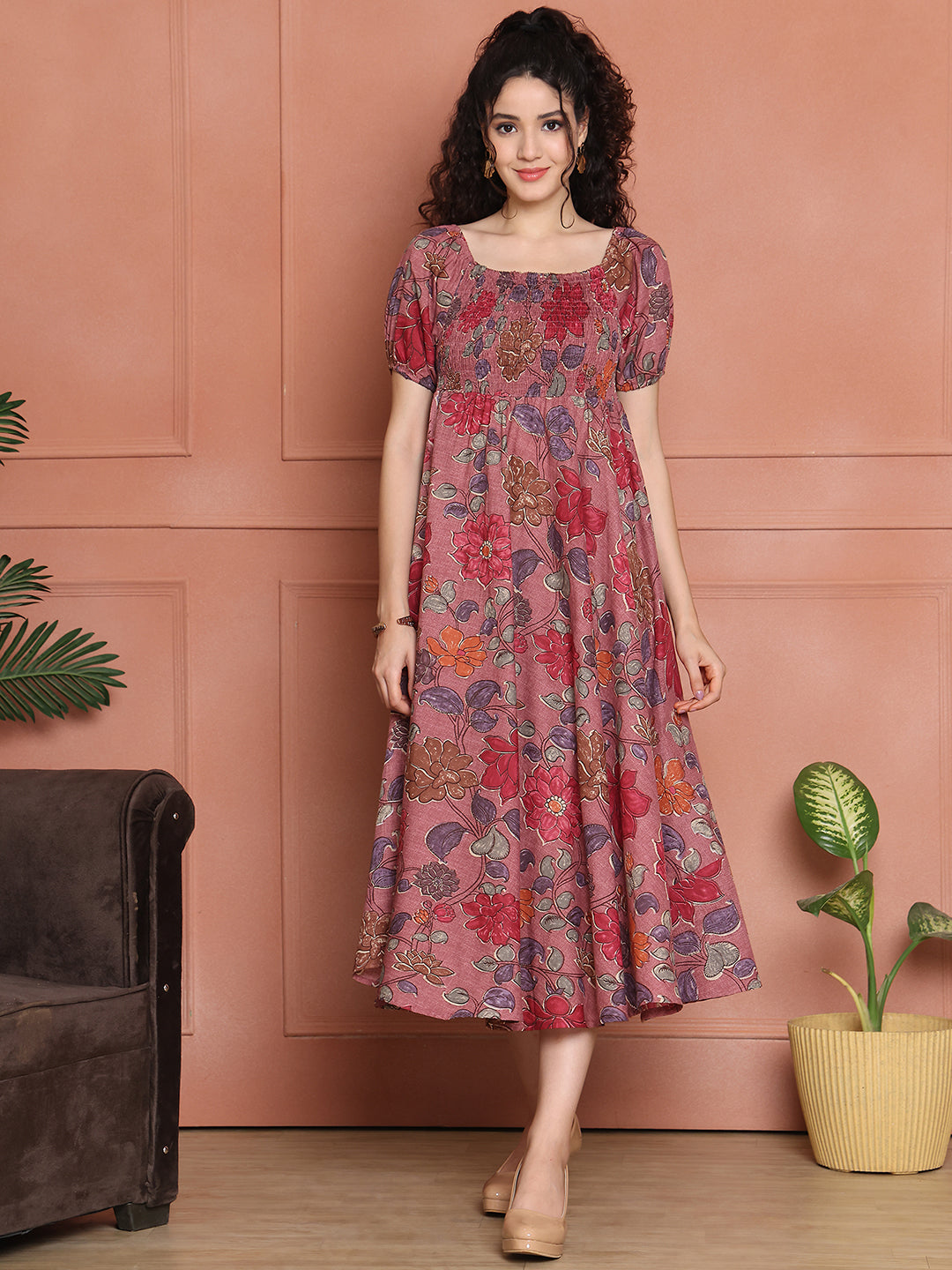 Aawari Unique Cotton Printed Off Shoulder Dress