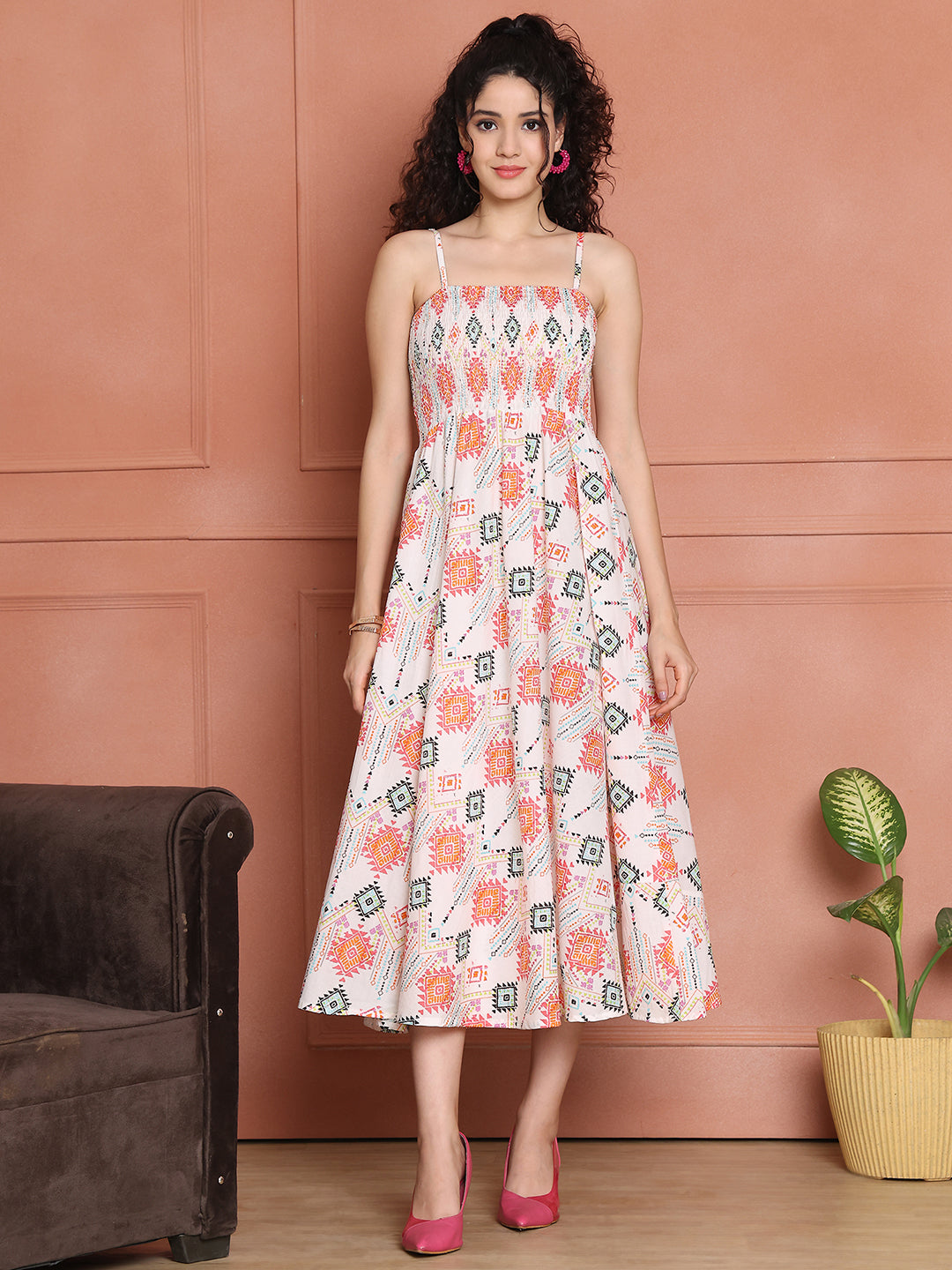 Aawari Cotton Unique Printed Spaghetti Strap Dress - Western wear