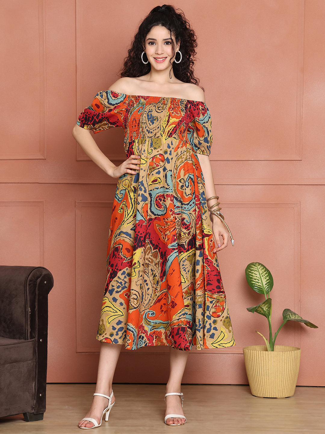 Aawari Unique Cotton Printed Off Shoulder Dress