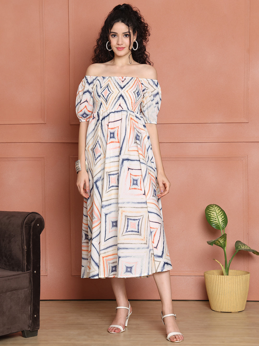 Aawari Unique Cotton Printed Off Shoulder Dress