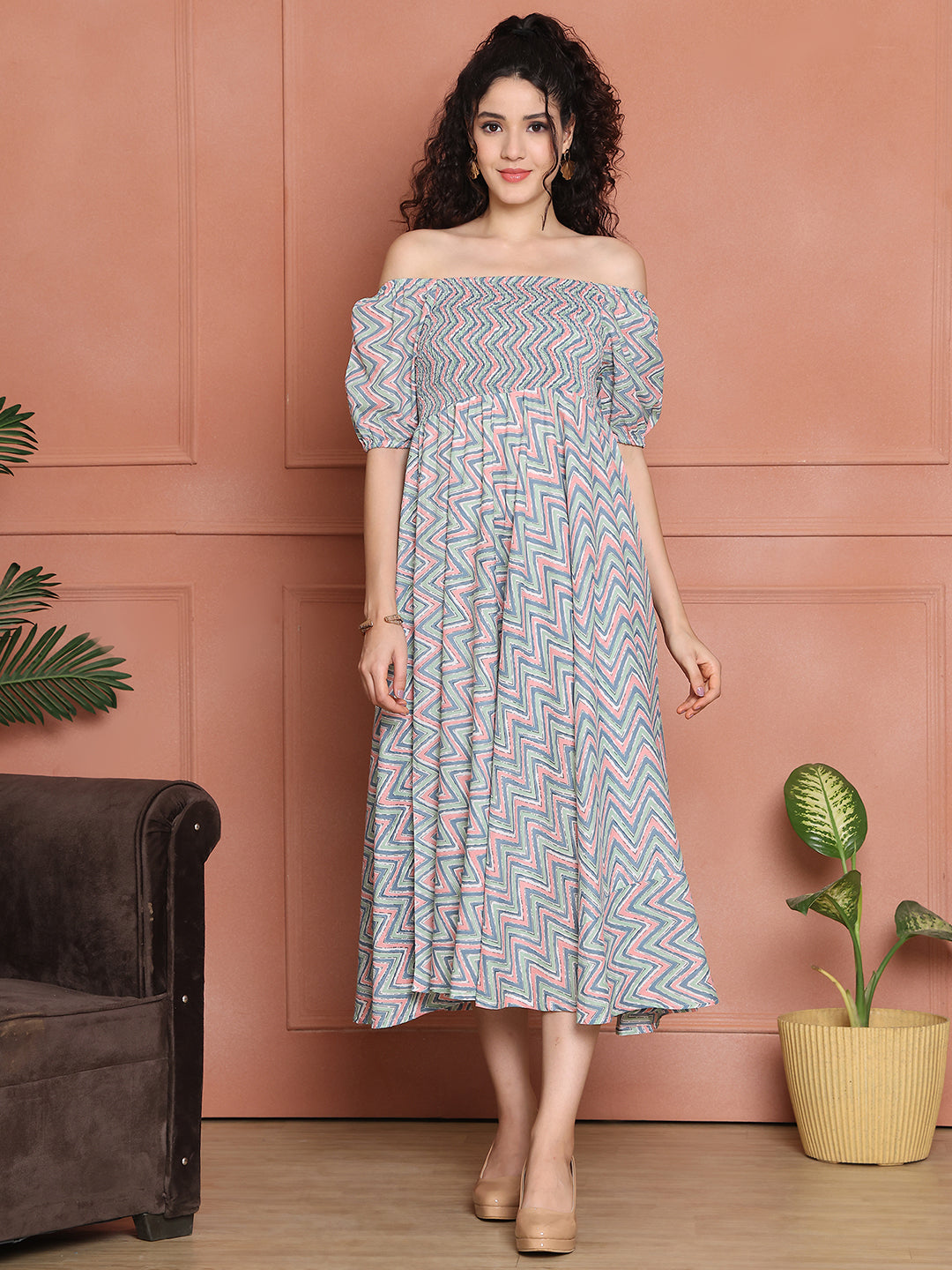 Aawari Unique Cotton Printed Off Shoulder Dress