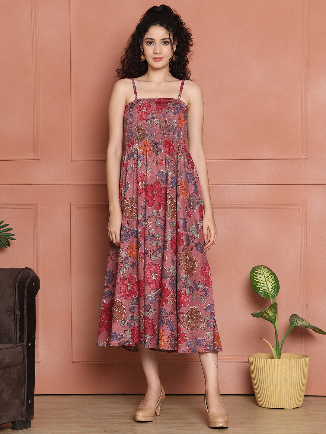 Aawari Cotton Unique Printed Spaghetti Strap Dress - Western wear