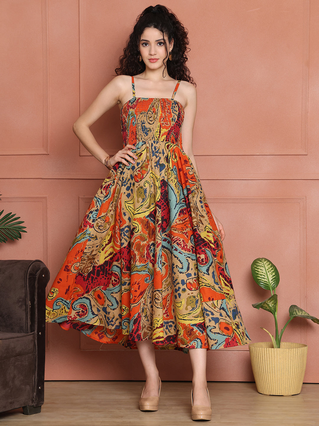 Aawari Cotton Unique Printed Spaghetti Strap Dress - Western wear