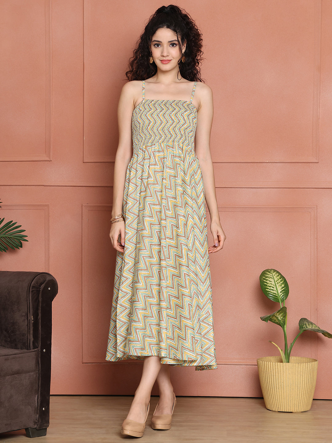 Aawari Cotton Unique Printed Spaghetti Strap Dress - Western Wear