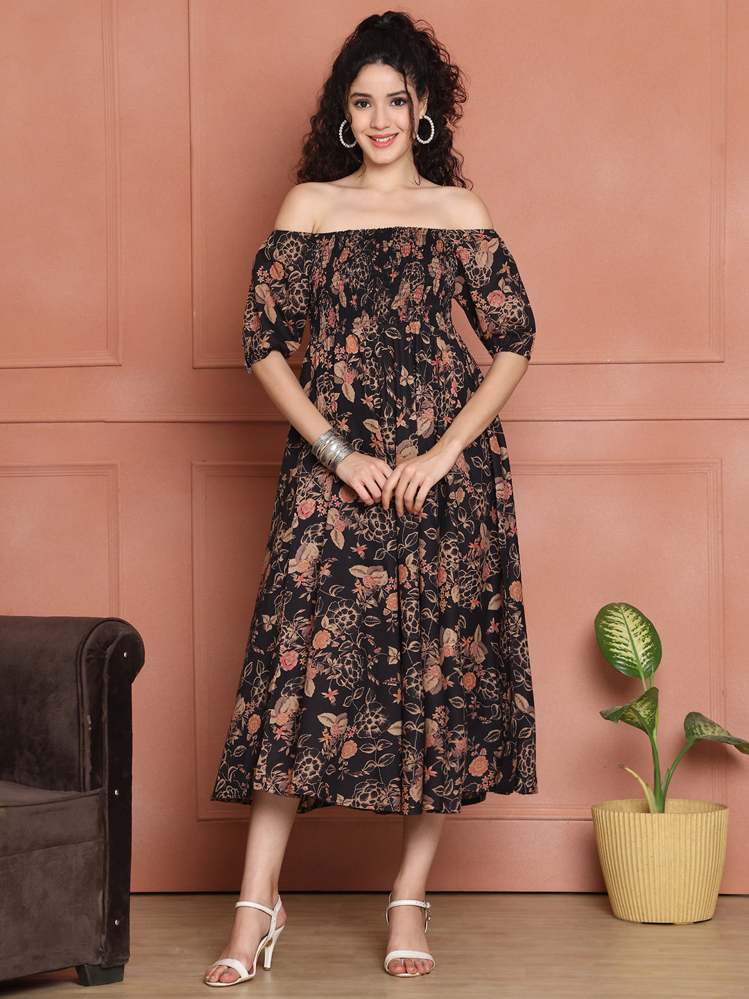 Aawari Unique Cotton Printed Off Shoulder Dress