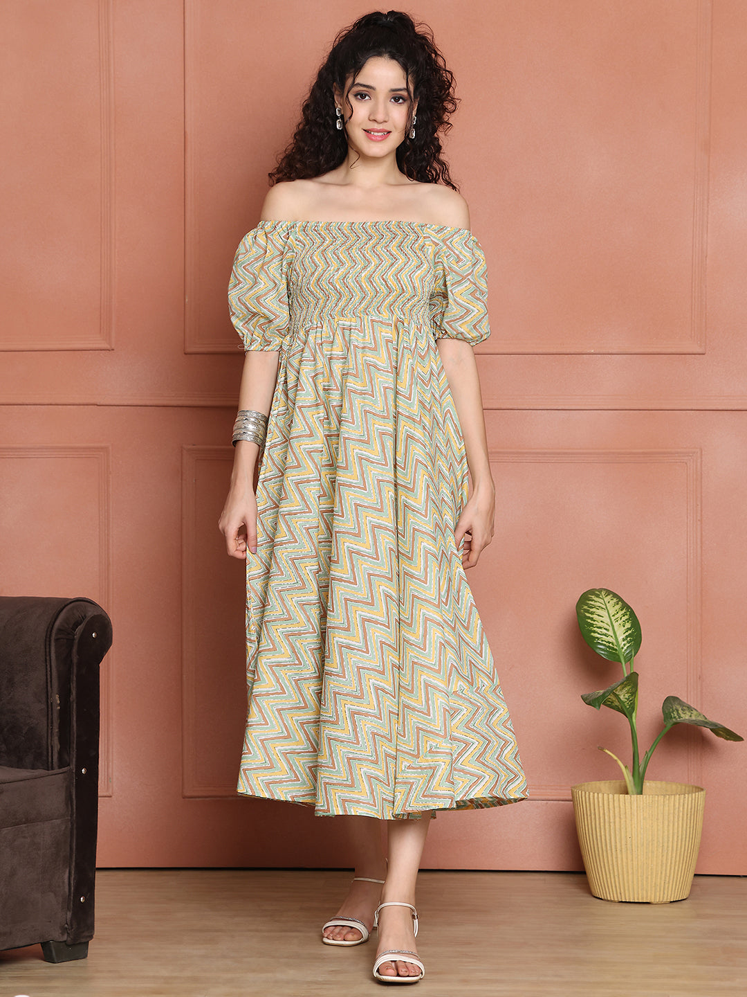 Aawari Unique Cotton Printed Off Shoulder Dress
