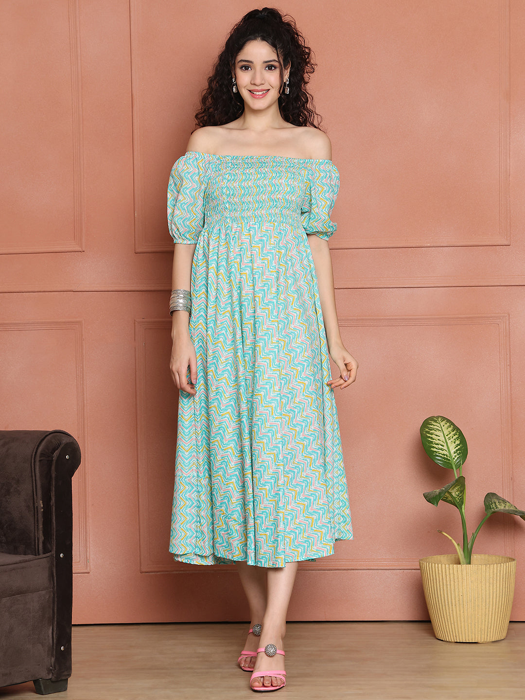 Aawari Unique Cotton Printed Off Shoulder Dress
