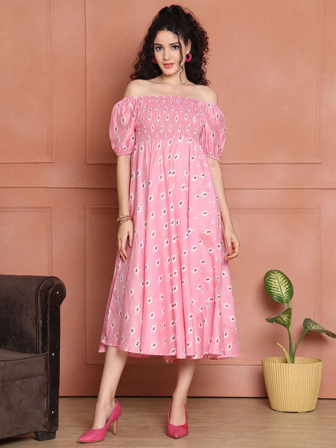 Aawari Chanderi Unique Printed Off Shoulder Dress