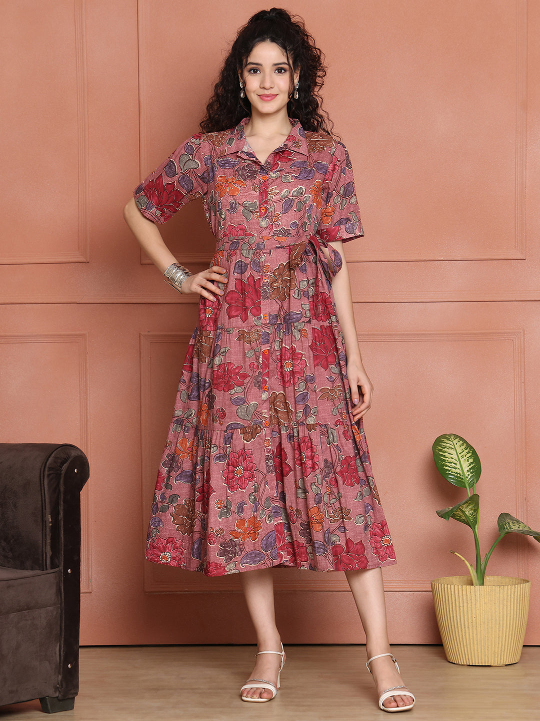 Aawari Cotton Printed Shirt Collar Dress
