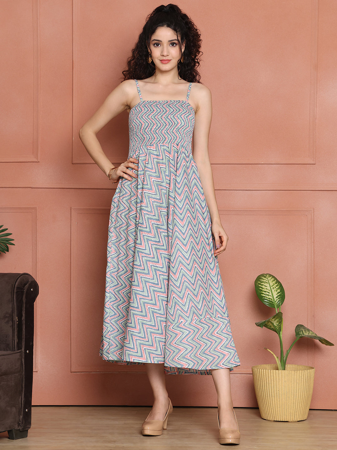 Aawari Cotton Unique Printed Spaghetti Strap Dress - Western Wear