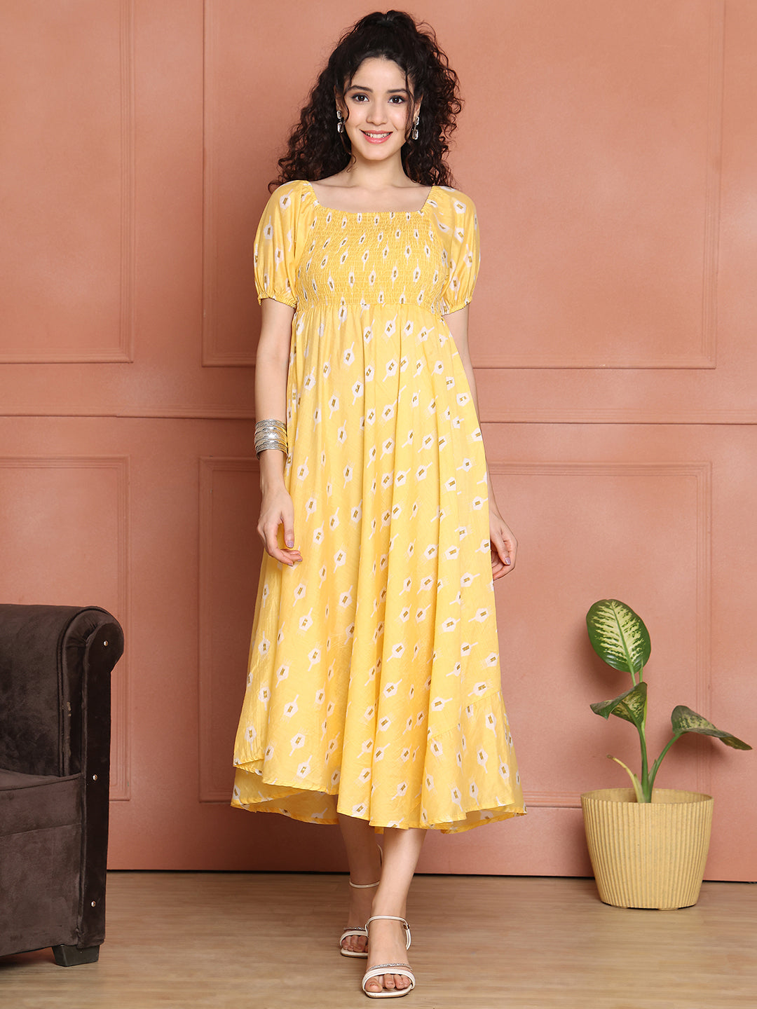 Aawari Chanderi Unique Printed Off Shoulder Dress