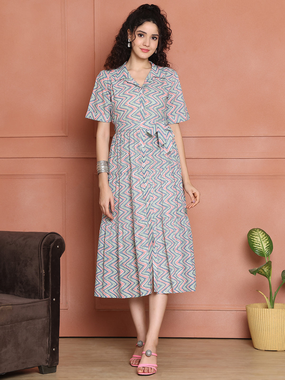 Aawari Cotton Printed Shirt Collar Dress