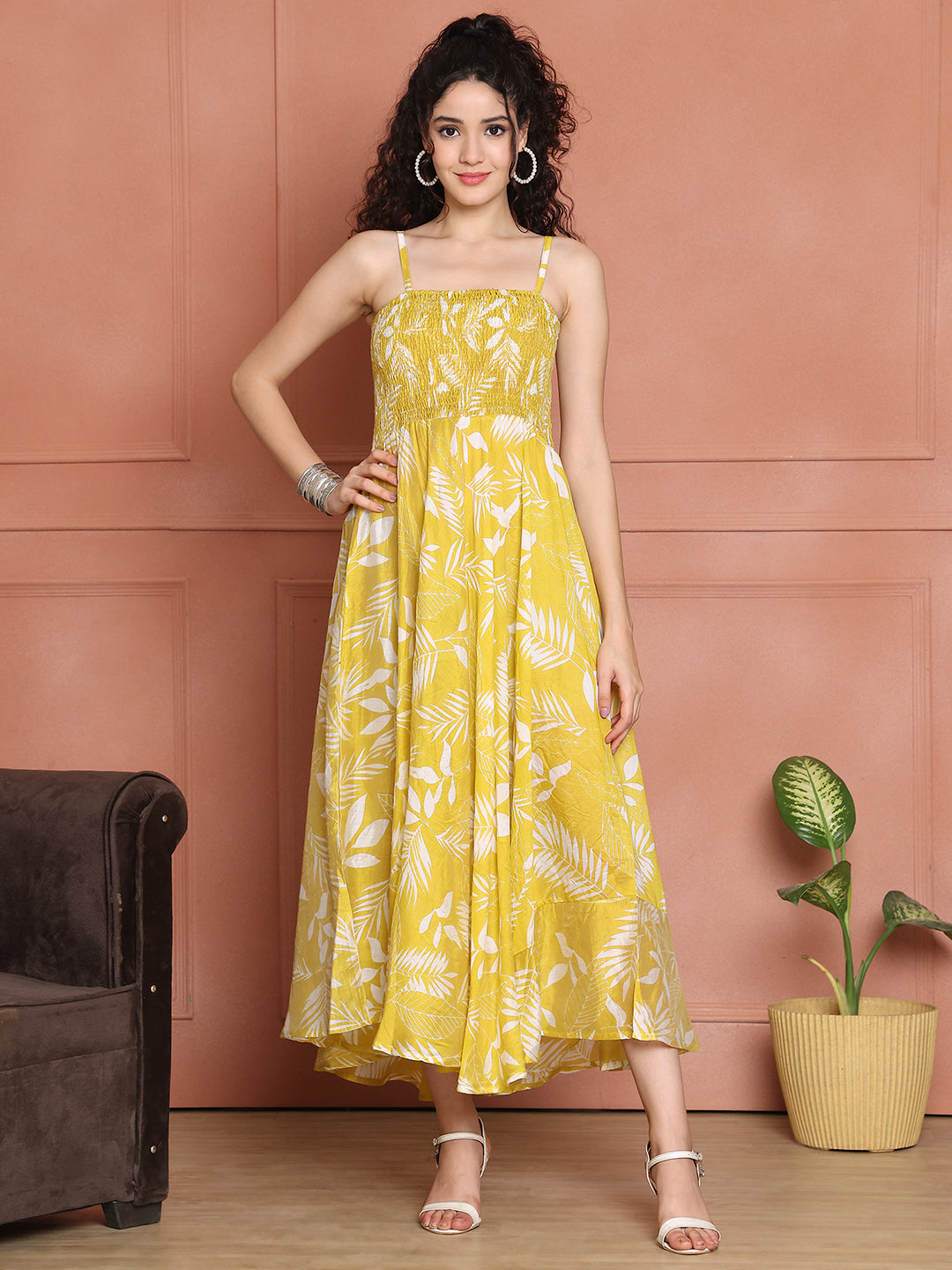 Aawari Cotton Unique Printed Spaghetti Strap Dress - Western wear