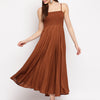 Rust Brown Solid Rayon Flared Maxi Dress with Spaghetti Straps - Western Wear
