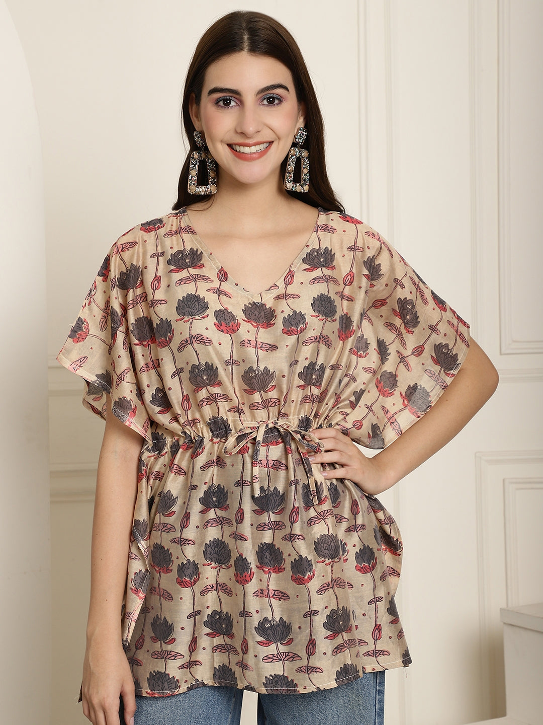 Chanderi Brown Flower Printed Kaftan Top With Bell Sleeve 