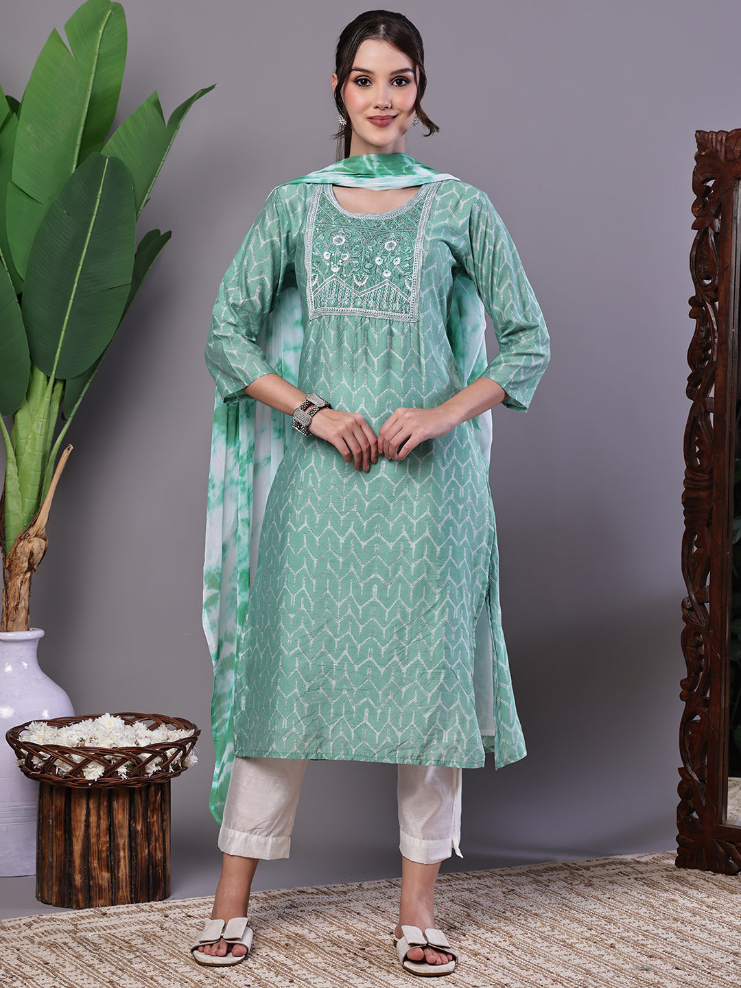 Aawari Mint Green Chanderi Embroidered Kurta Set with Dupatta - Suit Sets