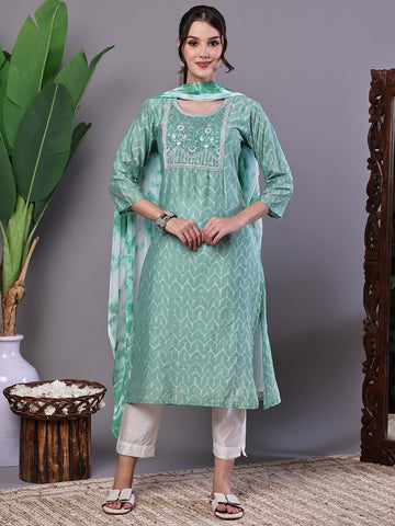 Aawari Mint Green Chanderi Embroidered Kurta Set with Dupatta - Suit Sets