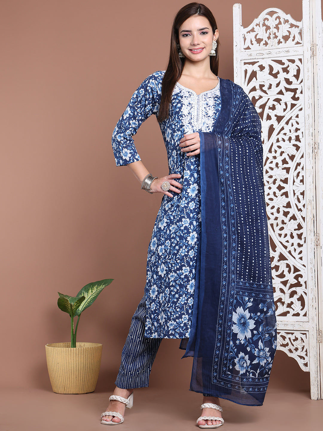Aawari Cotton Printed Three Piece Suit Set