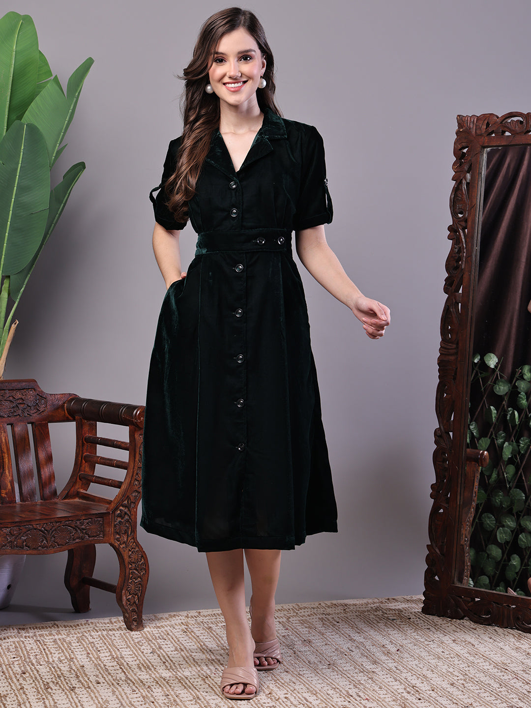 Aawari Bottle Green Velvet Shirt Style Midi Dress with Belt - Midi Dresses / Western Wear / Dresses