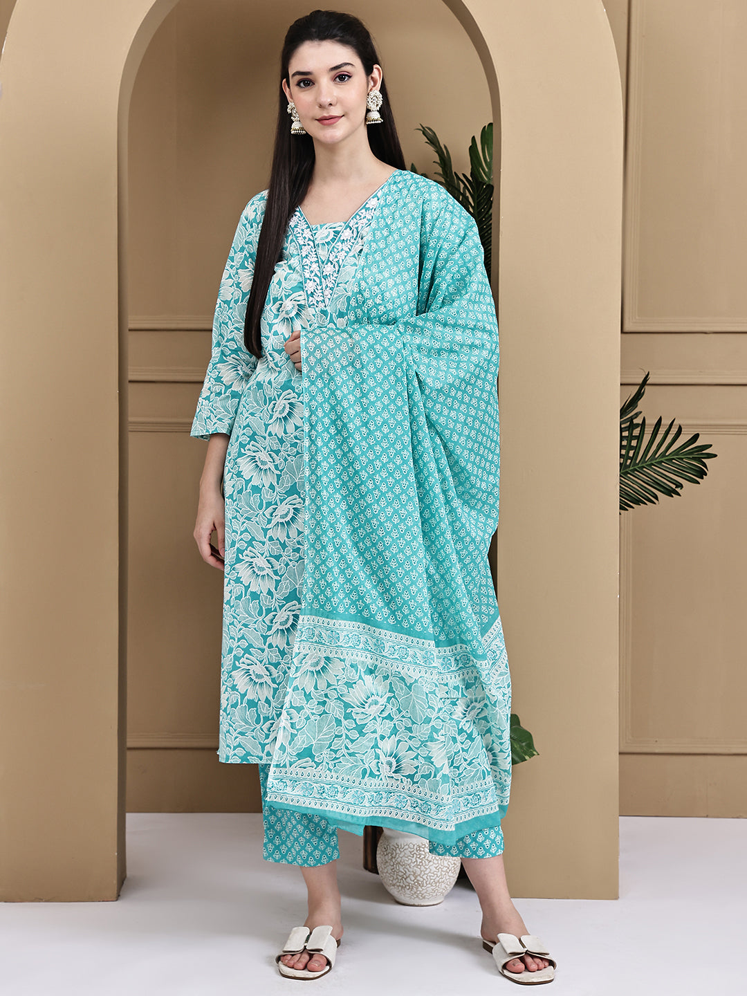 Aawari Cotton Printed Three Piece Suit Set