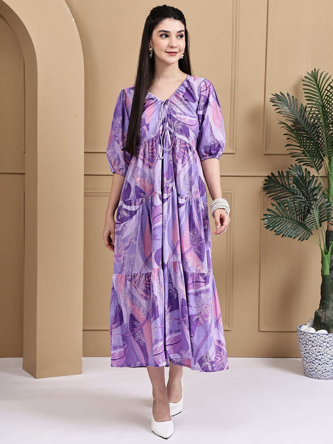 Aawari Cotton Purple Printed Knot Dresses With Puff Sleeves
