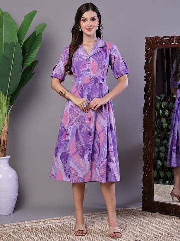 Aawari Purple Abstract Print Cotton Shirt Dress - Midi Dresses / Western Wear / Dresses