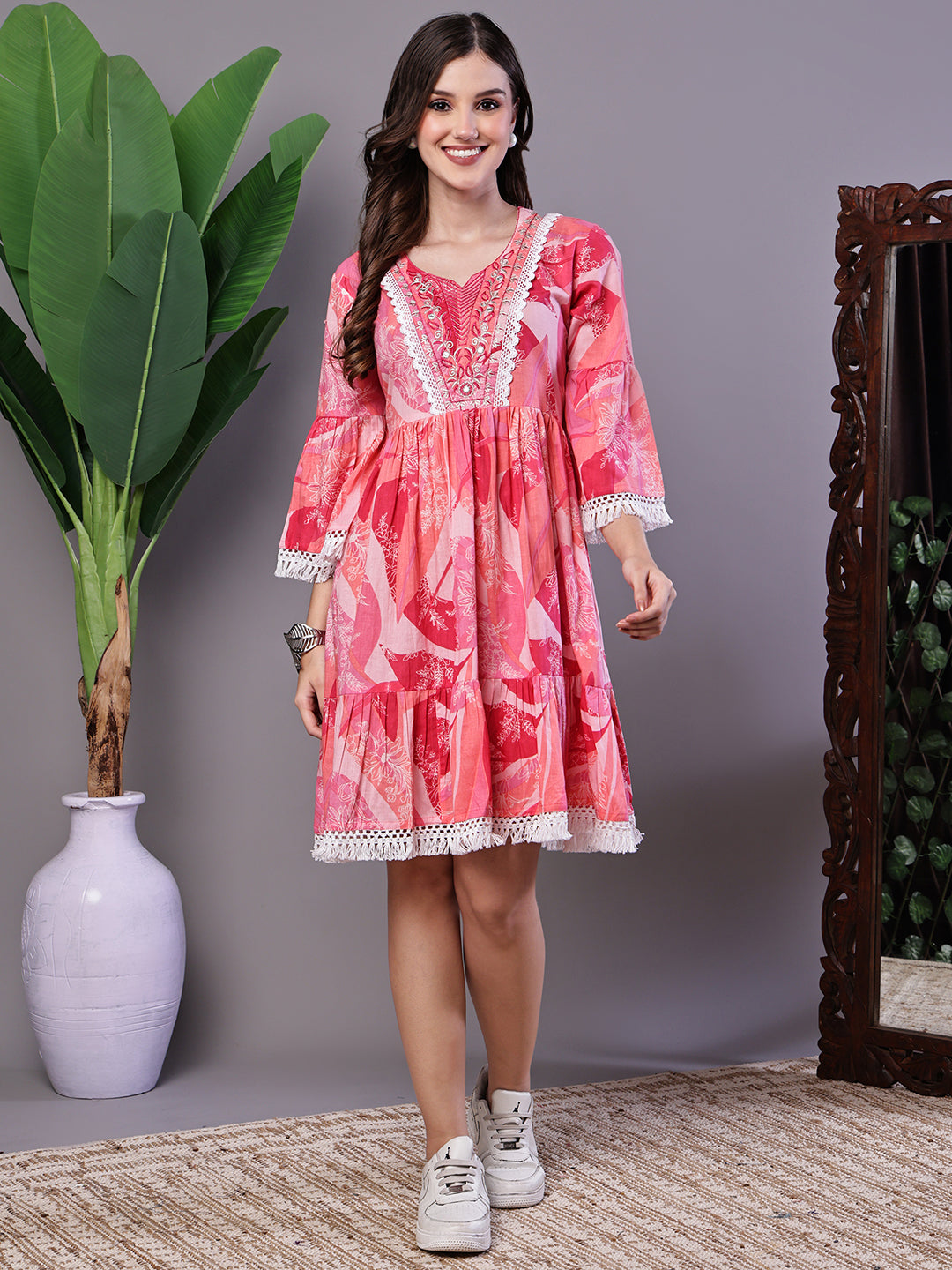 Aawari Pink Bohemian 100% Cotton Fit & Flare Dress with Lace Detailing - Midi Dresses / Western Wear