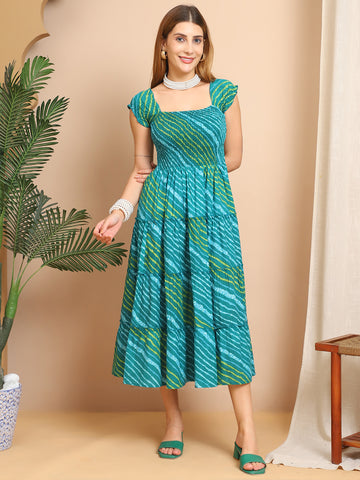 Aawari Aqua Green Cotton Bandhani Fit & Flare Midi Dress