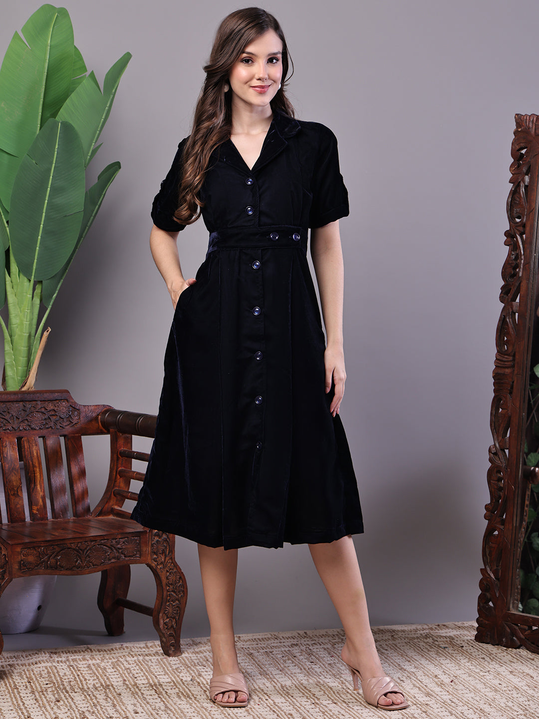 Aawari Black Velvet Button-down Midi Dress for Women - Midi Dresses / Western Wear / Dresses
