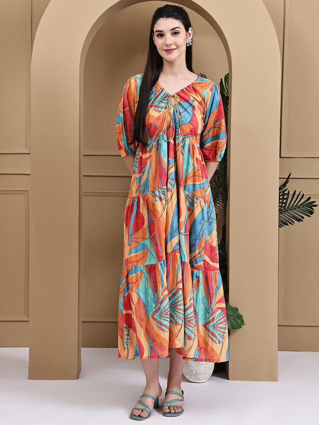 Aawari Women Cotton Printed Knot Dresses With Puff Sleeves